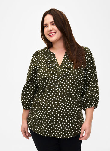 3/4 sleeve cotton Blouse with polka dots, Forest Night Dot, Model image number 0