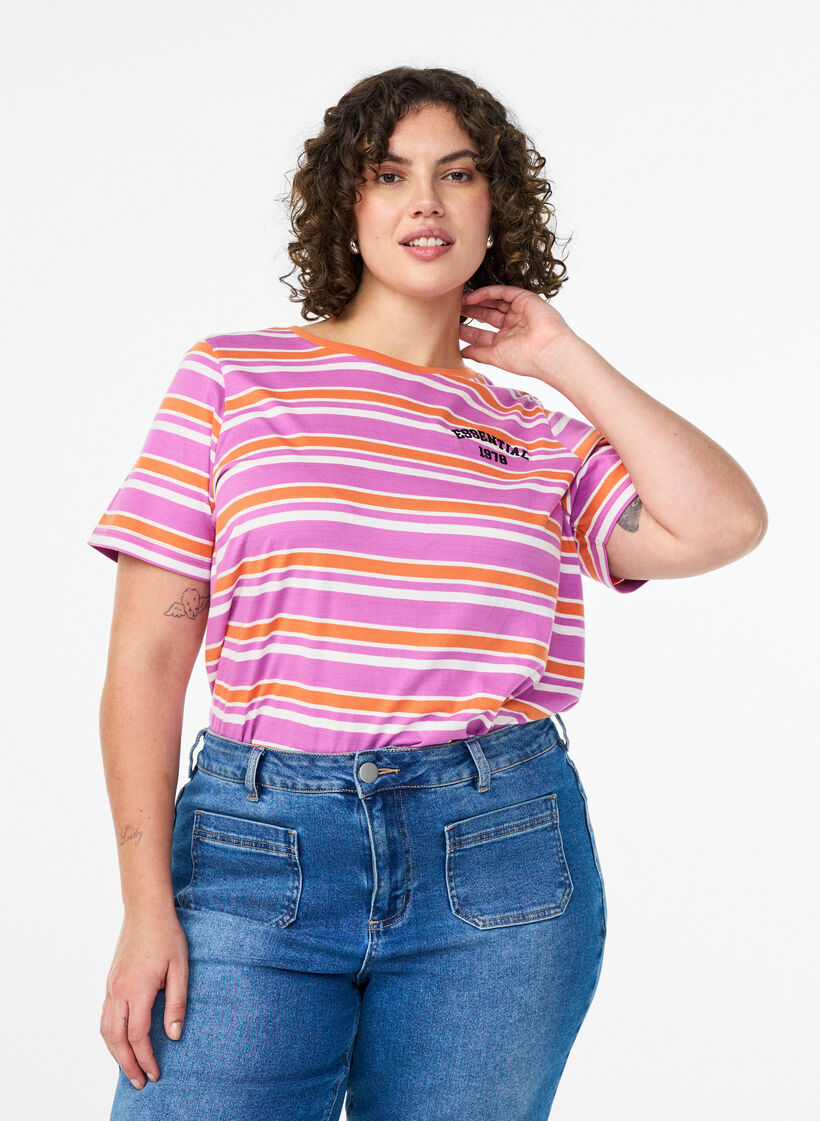 Cotton T-shirt with stripes, Pink, Model image number 0
