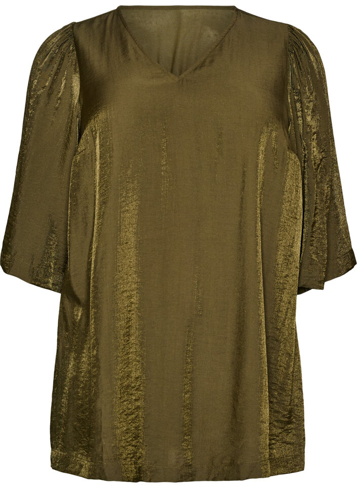 Shiny tunic with a V-neck and 3/4 sleeves, Green, Packshot image number 0