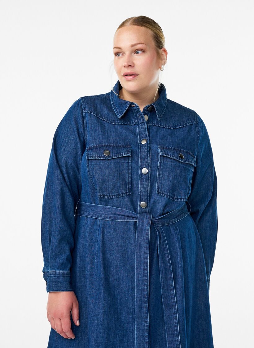 Midi denim dress with tie belt, Blue, Model image number 2