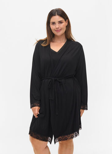 Viscose dressing gown with lace, Black, Model image number 0