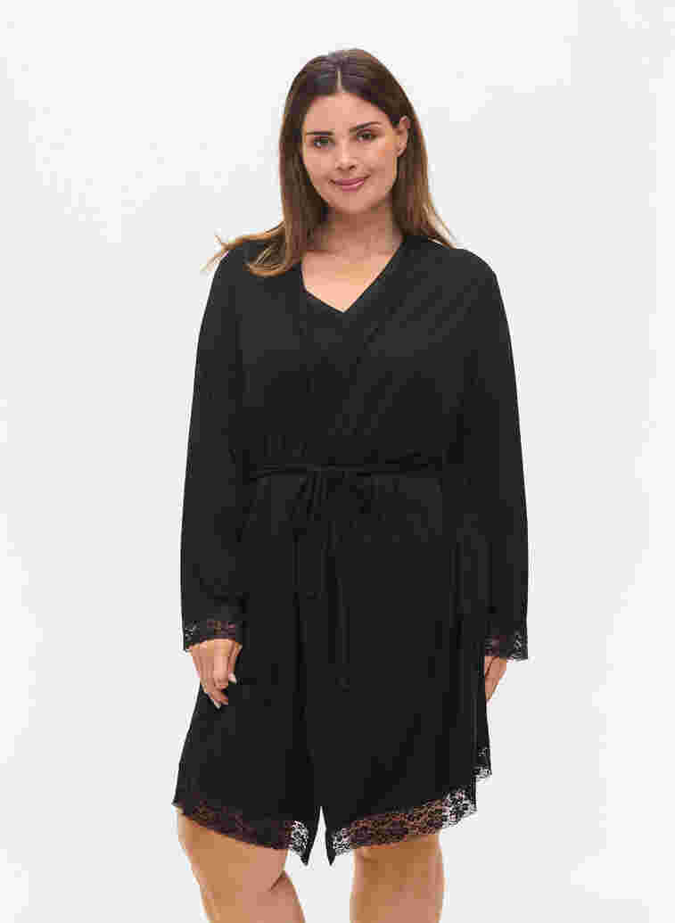 Viscose dressing gown with lace, Black, Model