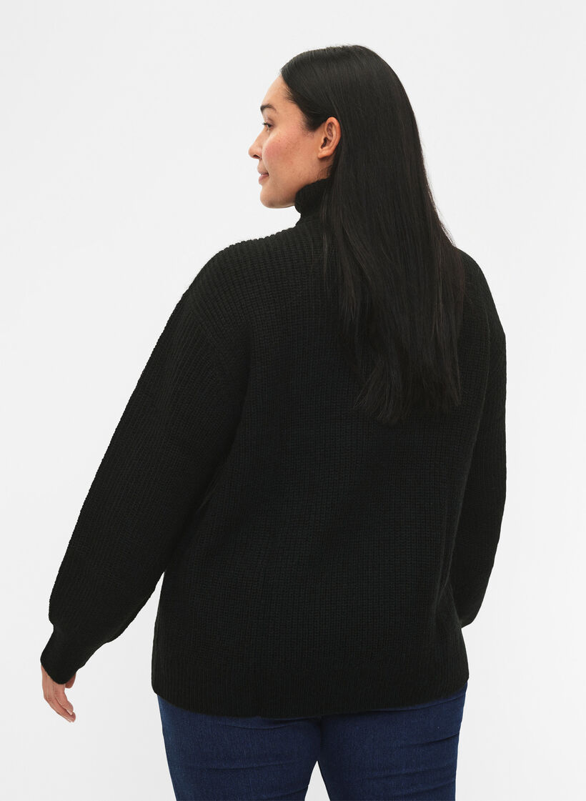 Knitted sweater with high neck and zipper, Black, Model image number 2