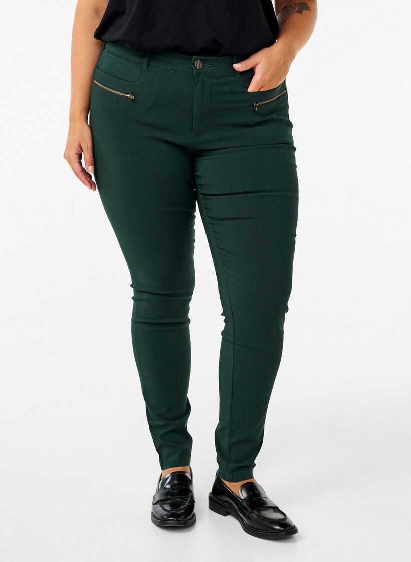 Tight-fitting trousers with zip details, Green, Model image number 2