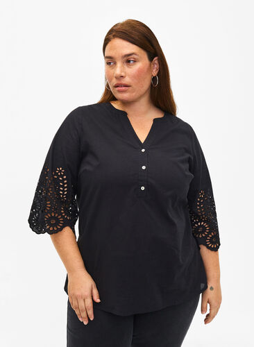 Shirt blouse with broderie anglaise and 3/4 sleeves, Black, Model image number 0