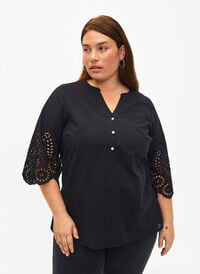 Shirt blouse with broderie anglaise and 3/4 sleeves, Black, Model