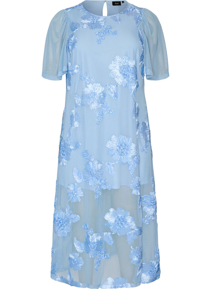 Mesh dress with floral appliqu&eacute;s, Light Blue, Packshot image number 0