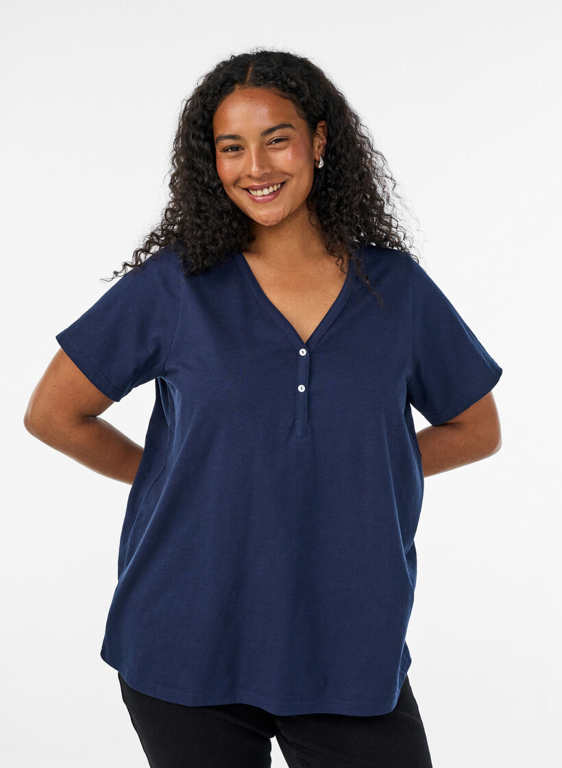 T-shirt with button detail, Blue, Model image number 0