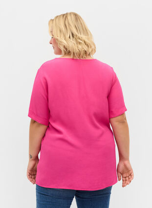 Short-sleeved viscose blouse, Fuchsia Purple, Model image number 1