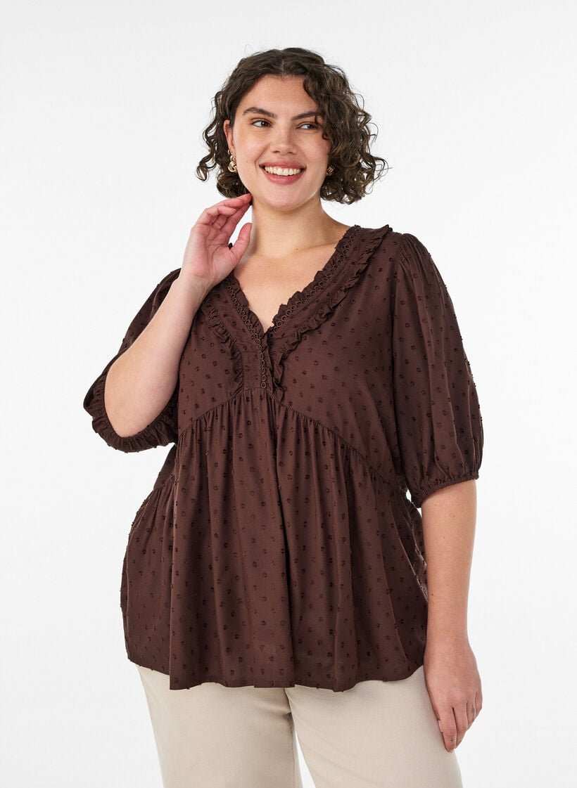 Viscose blouse with a dotted texture and V-neck, Brown, Model image number 0