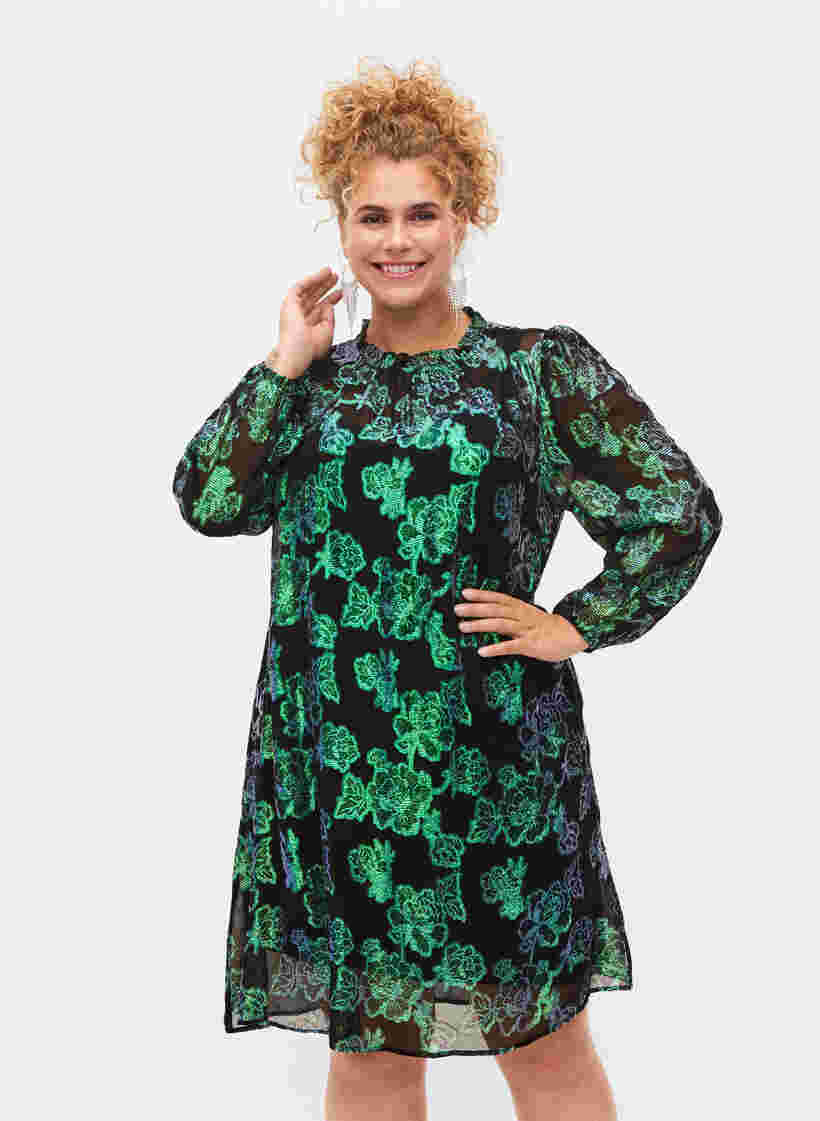 Floral viscose dress with lurex structure, Black w. Green Lurex, Model