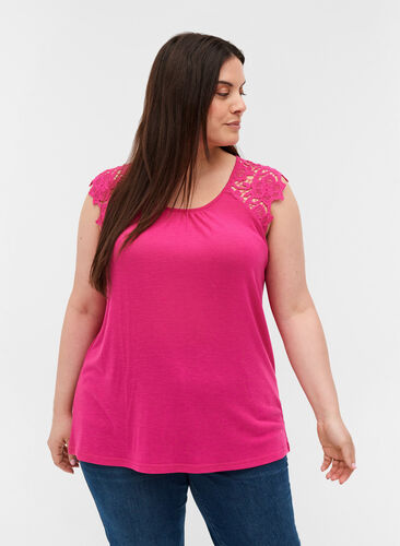 Plain-coloured top with lace sleeves, Fuchsia Purple, Model image number 0