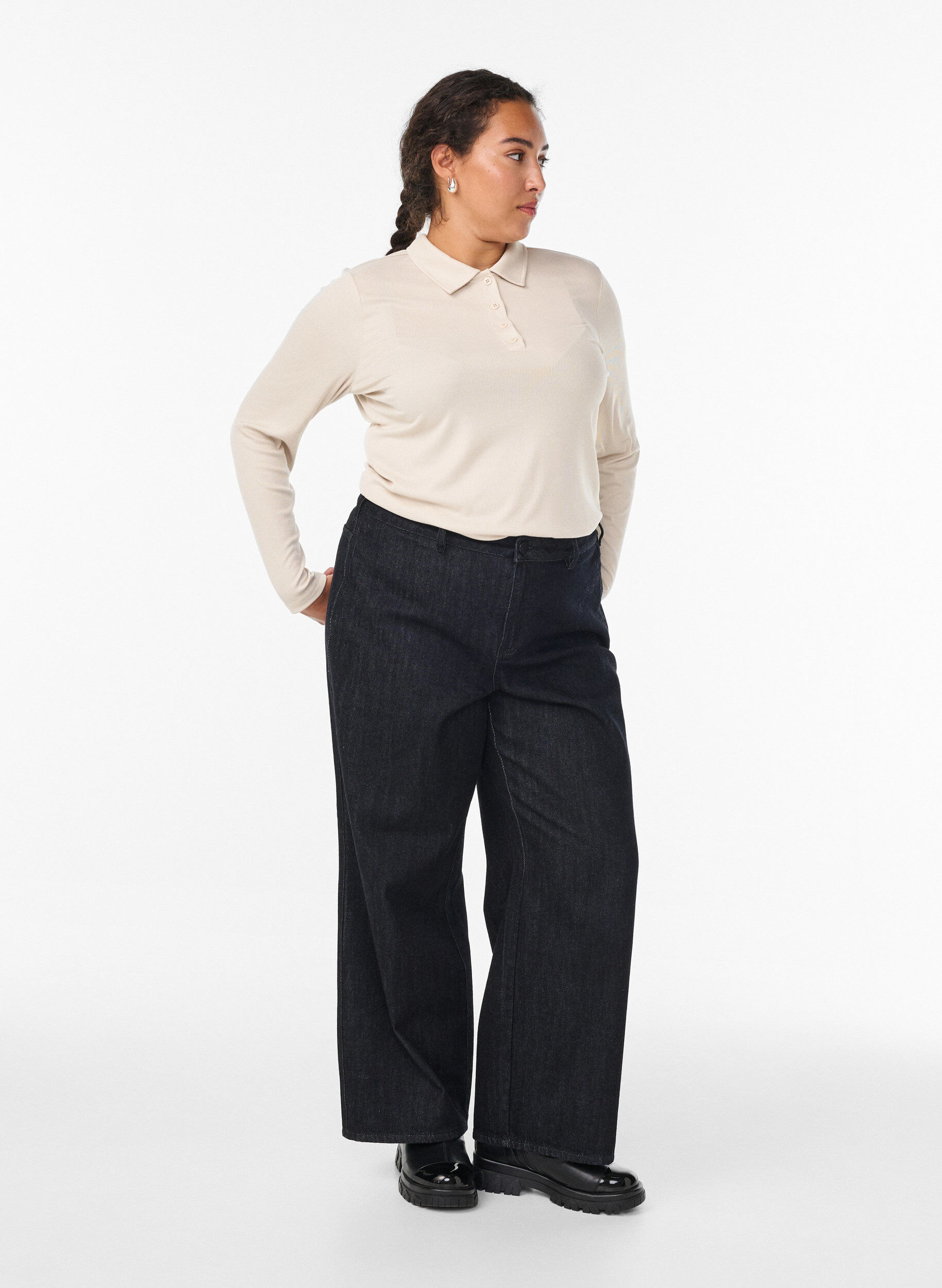 Zizzifashion Polo shirt in soft rib with long sleeves, Beige, Model image number 1