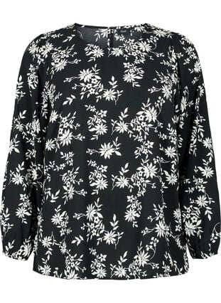 Blouse with puff sleeves, Black Flower AOP, Packshot image number 0