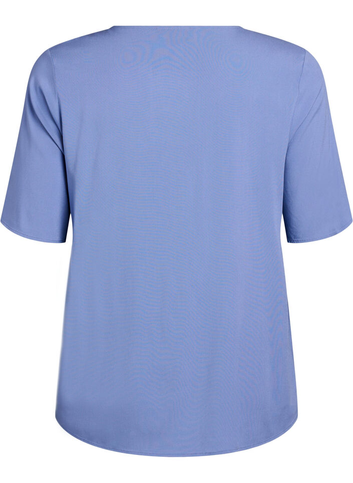Short-sleeved woven blouse with round neck, Blue, Packshot image number 1
