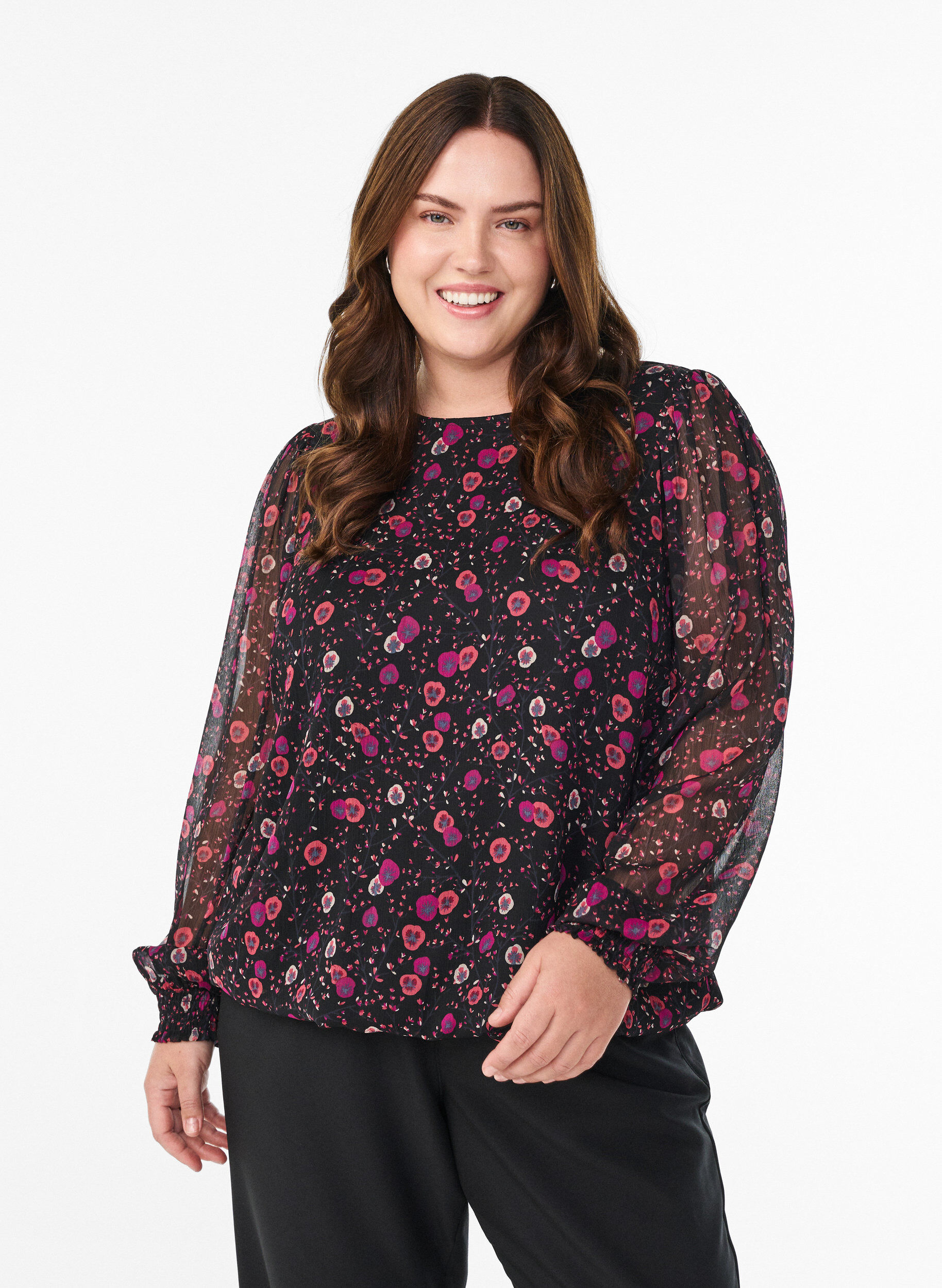 Floral chiffon blouse with sheer sleeves, Black, Model
