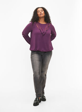 Long-sleeved blouse with lace, Deep Purple, Model image number 2