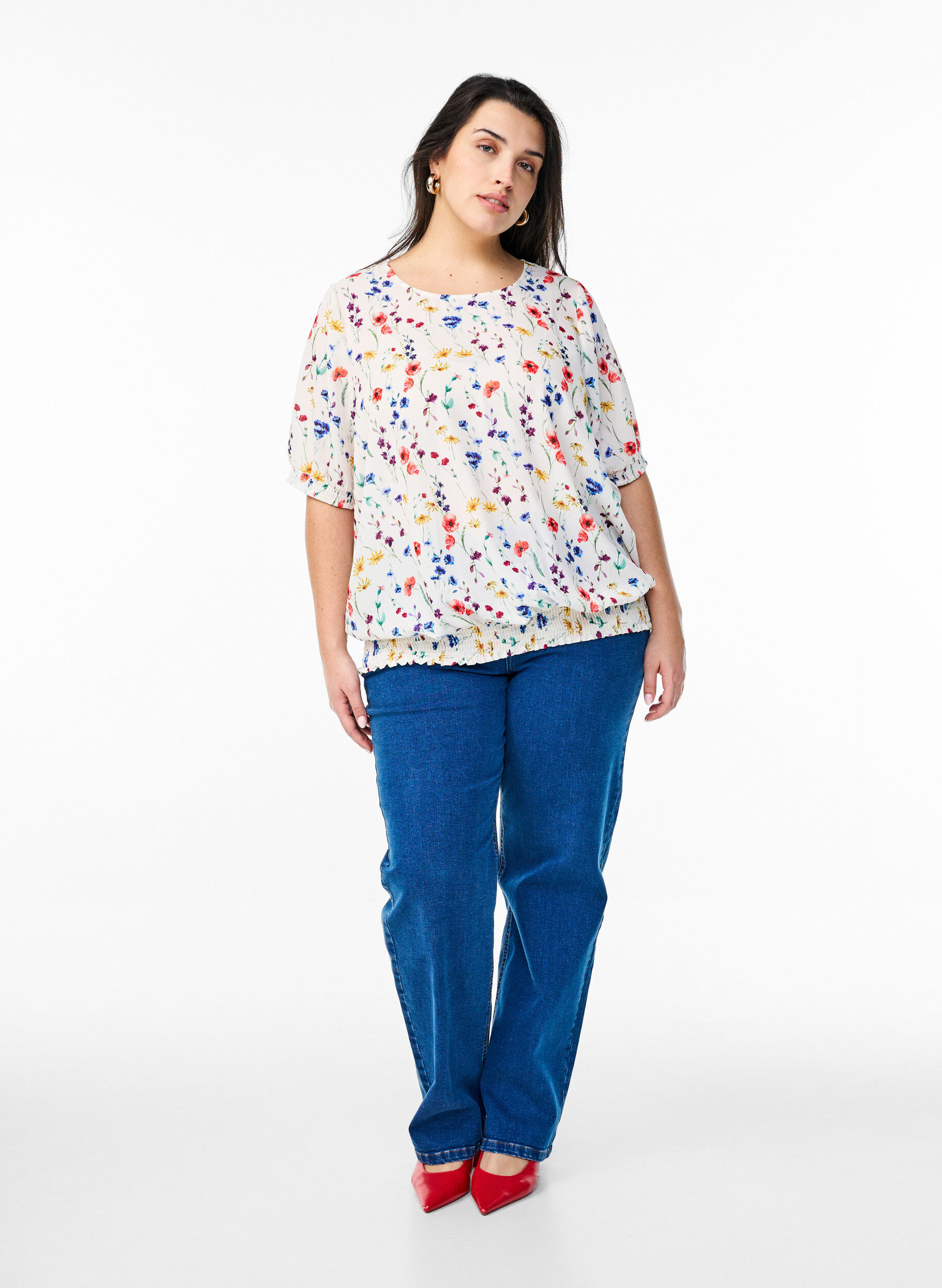 Zizzifashion Floral blouse with smocking, Blue, Model image number 1