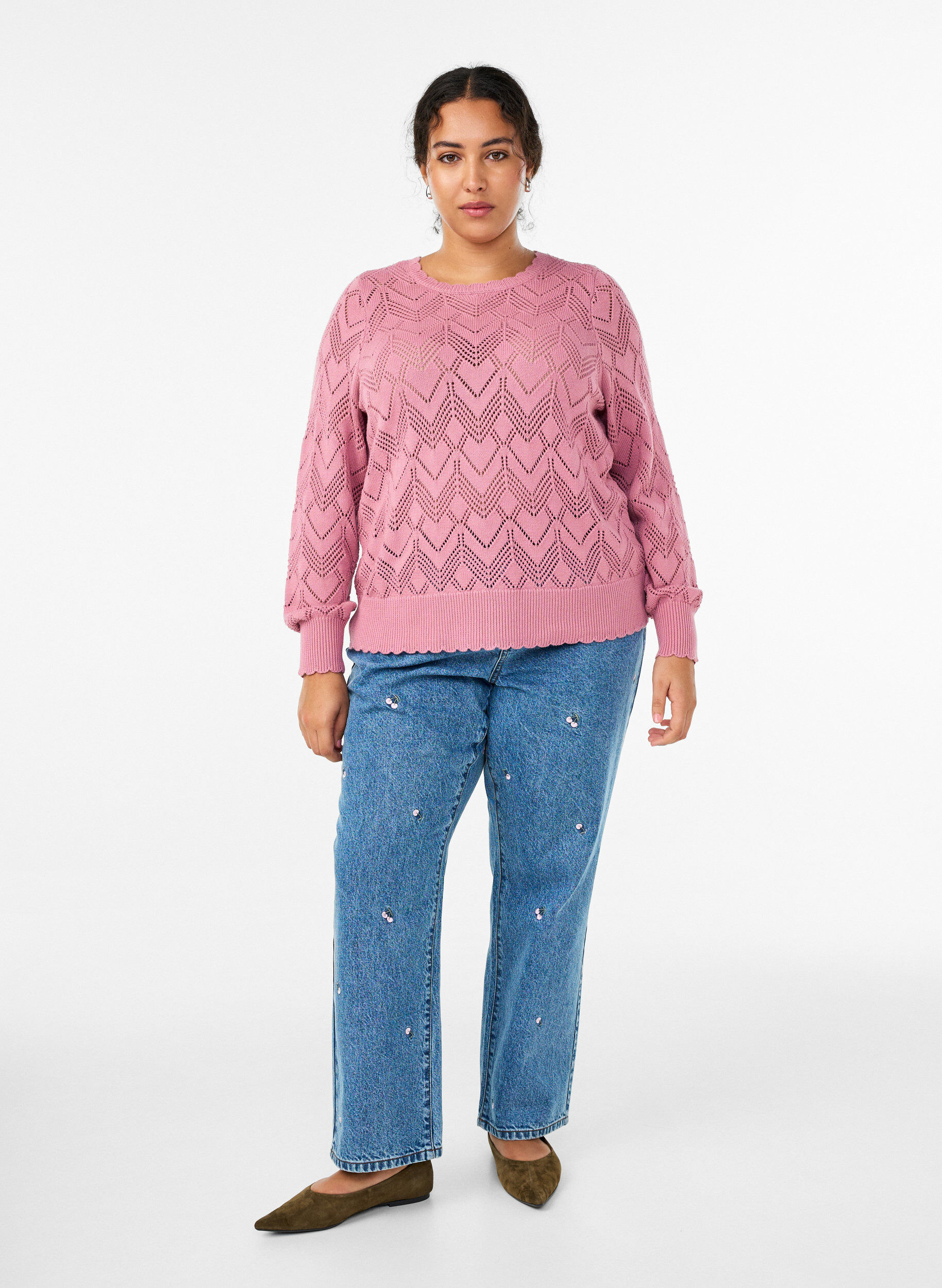 Zizzifashion Patterned knit blouse with wavy edge and round neckline, Rose, Model image number 1