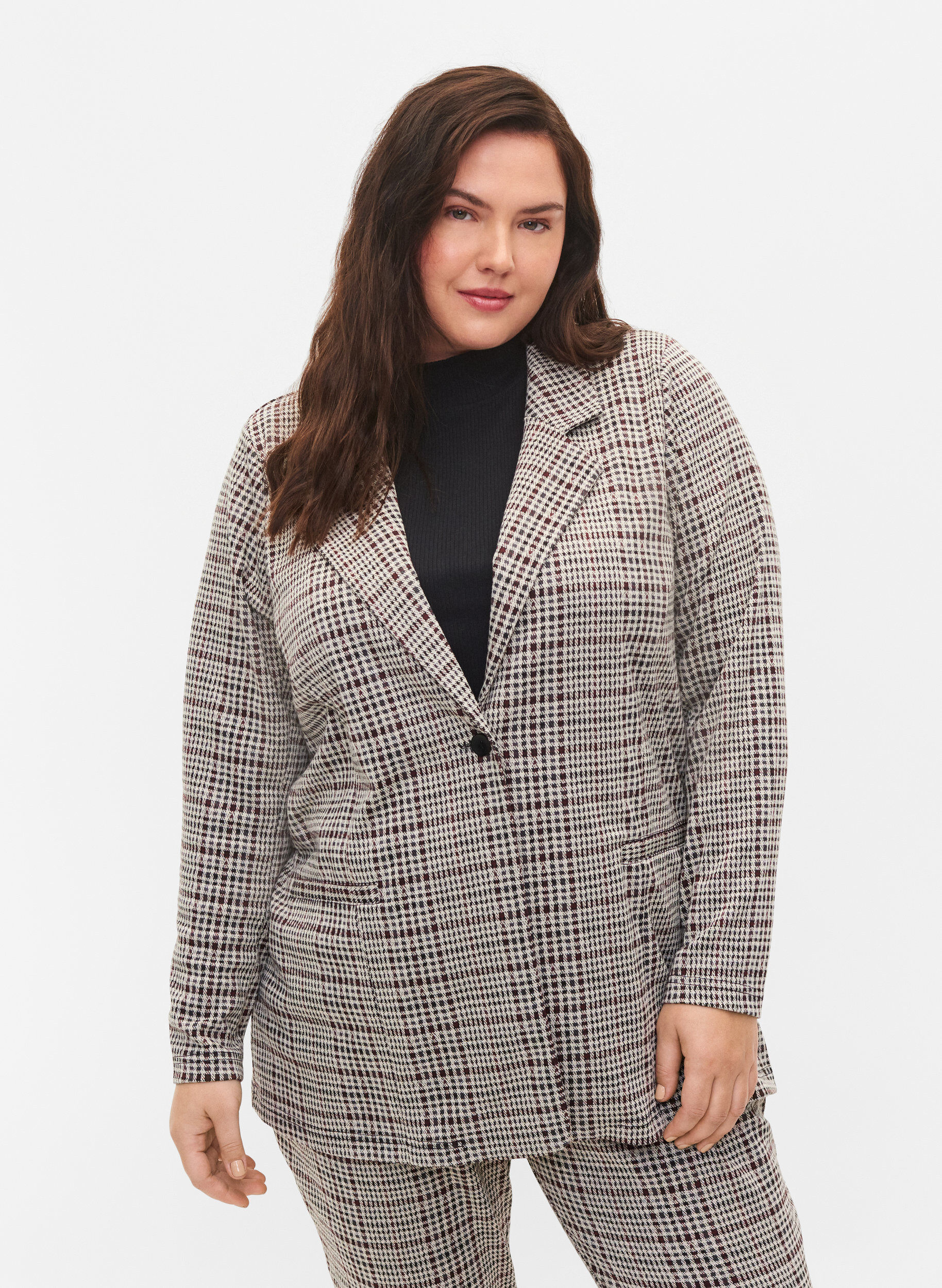 Zizzifashion Checkered blazer with button closure, Brown Check, Model image number 0