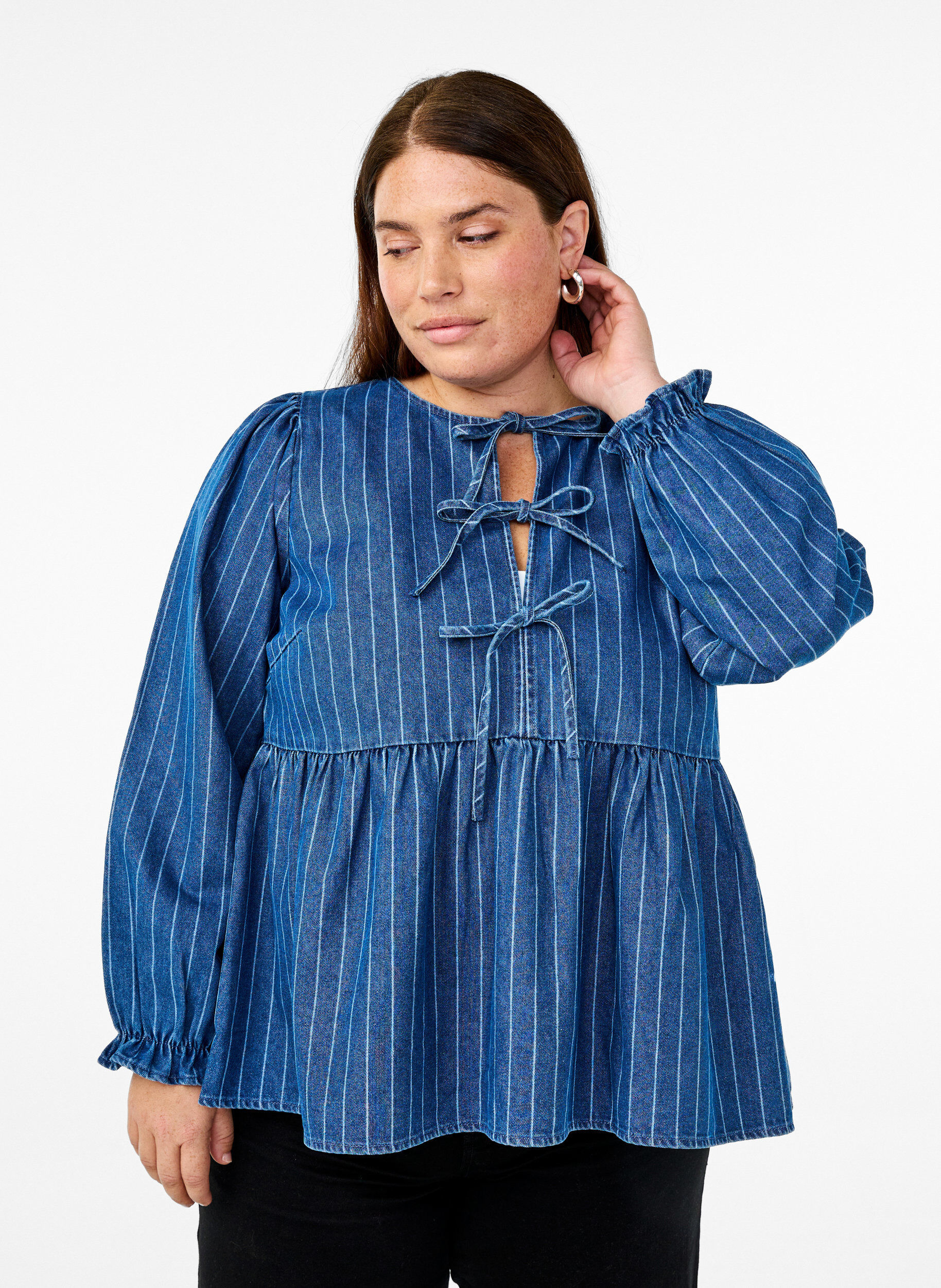 Zizzifashion Striped denim blouse with front tie, Blue, Model image number 0