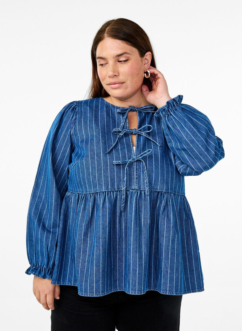 Striped denim blouse with front tie, Blue, Model image number 0
