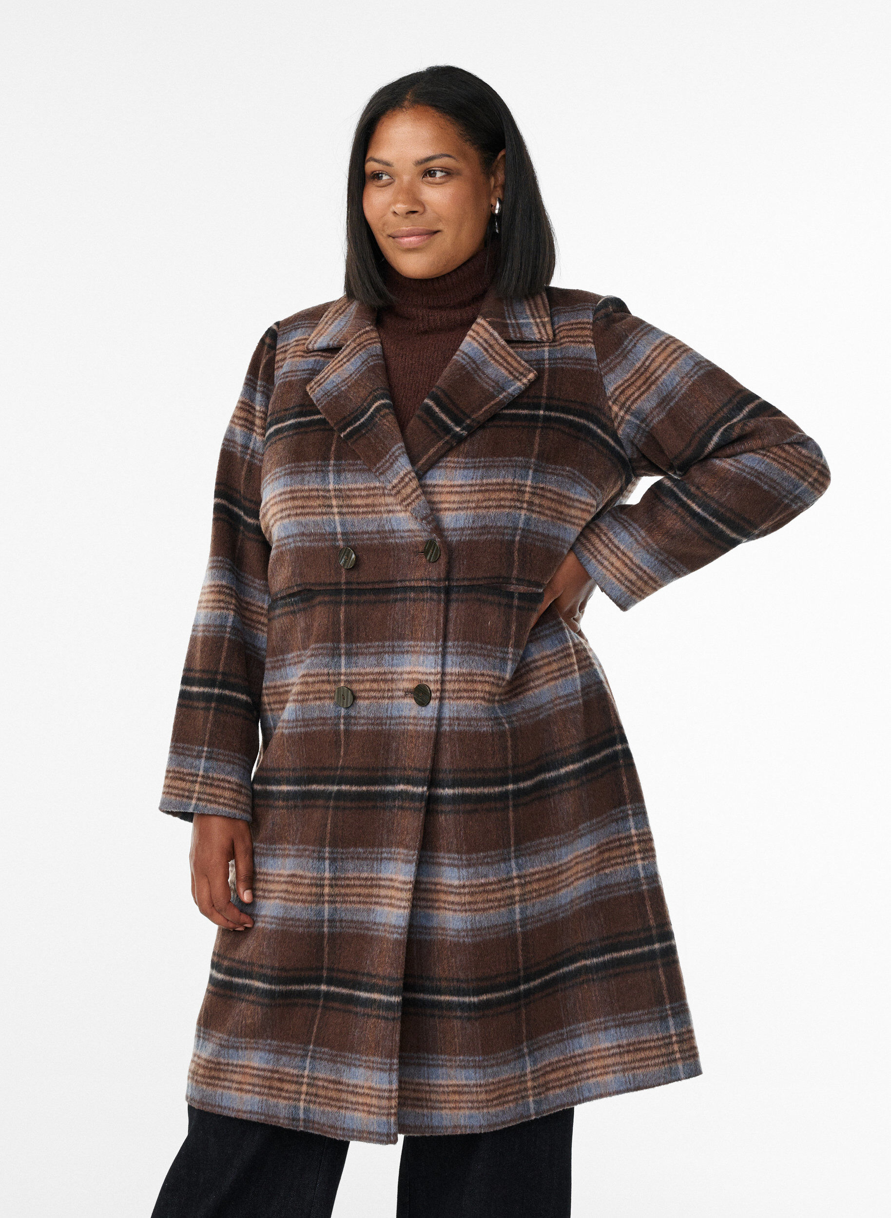 Brushed checked coat, Brown, Model