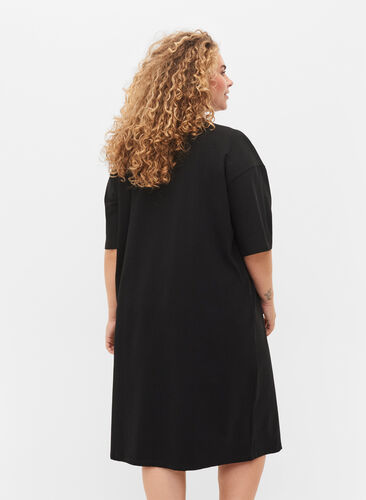 Short-sleeved cotton dress with slits, Black, Model image number 1