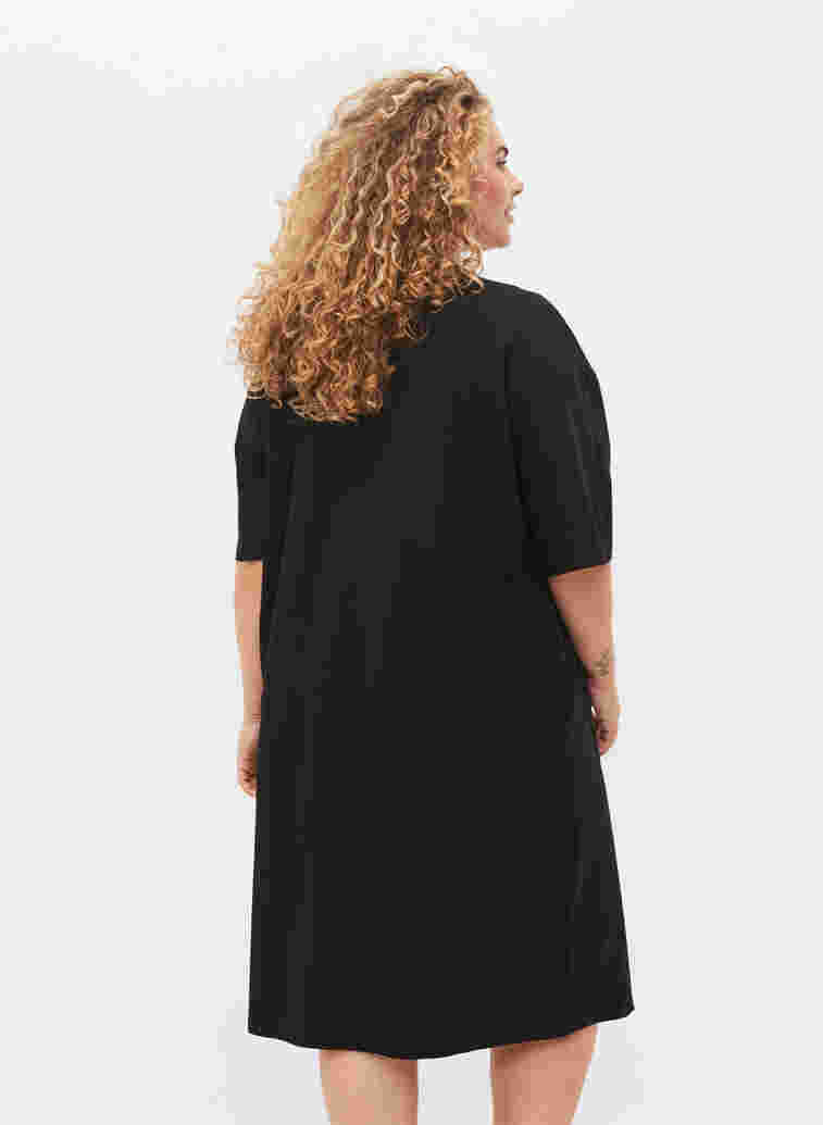 Short-sleeved cotton dress with slits, Black, Model image number 1