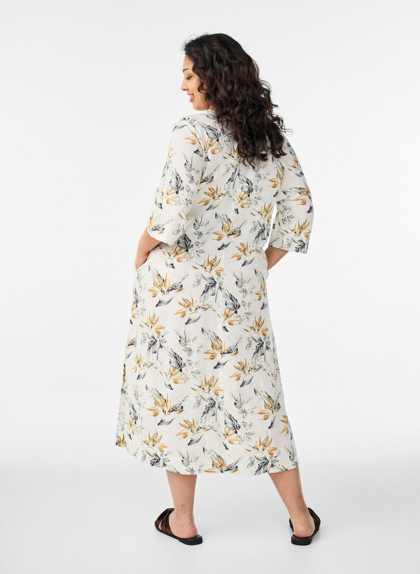 Midi dress in linen and viscose with 1/2 sleeves, White, Model image number 1