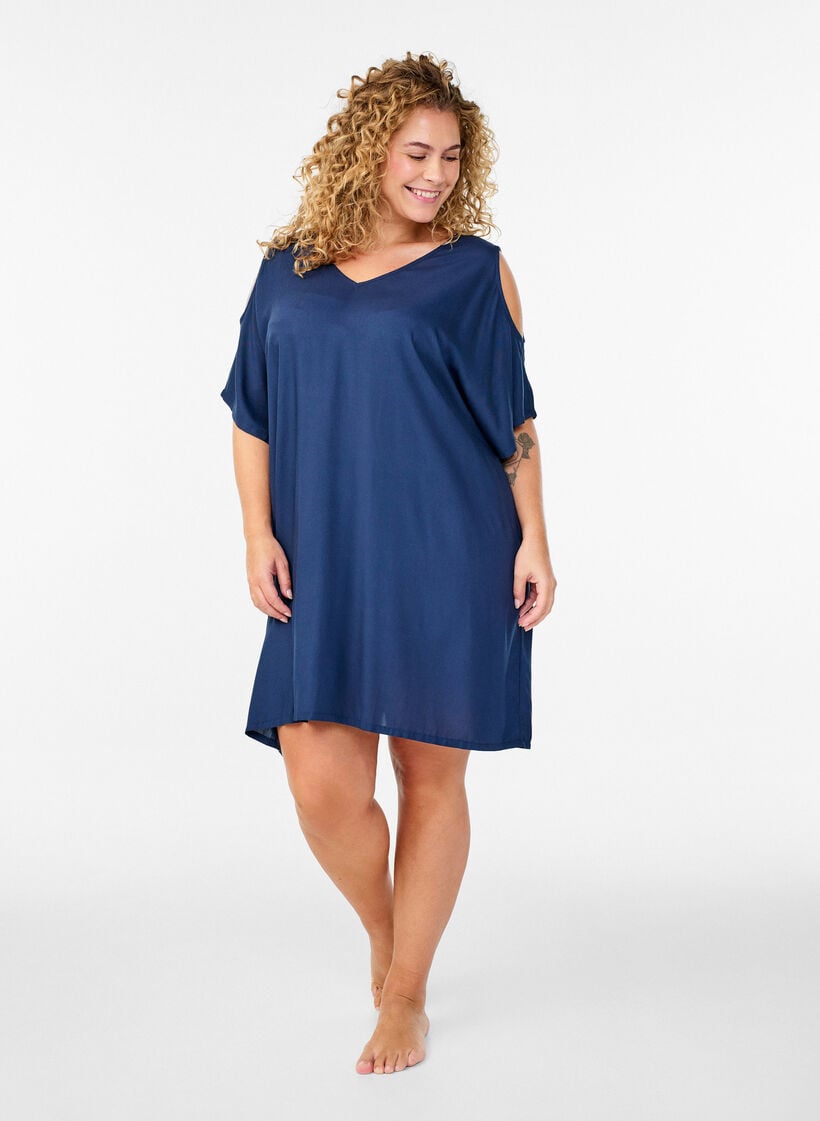 Beach dress in viscose with shoulder detail, Blue, Model image number 1