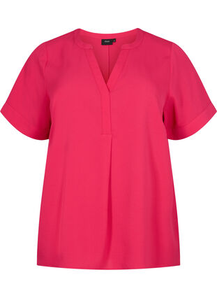 Short-sleeved blouse with v-neckline, Bright Rose, Packshot image number 0
