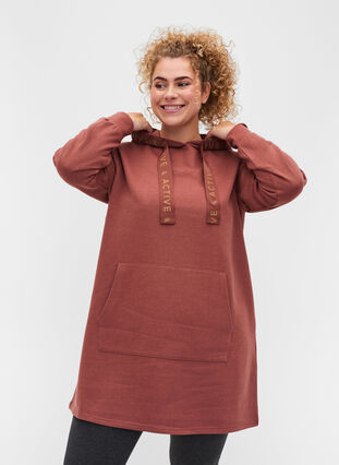 Sweat dress with a hood and pocket, Mahogany, Model image number 0