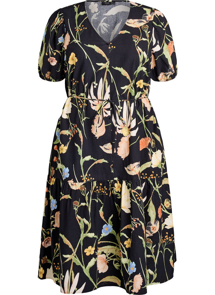 Midi dress with floral print and tie-belt, Black, Packshot image number 0