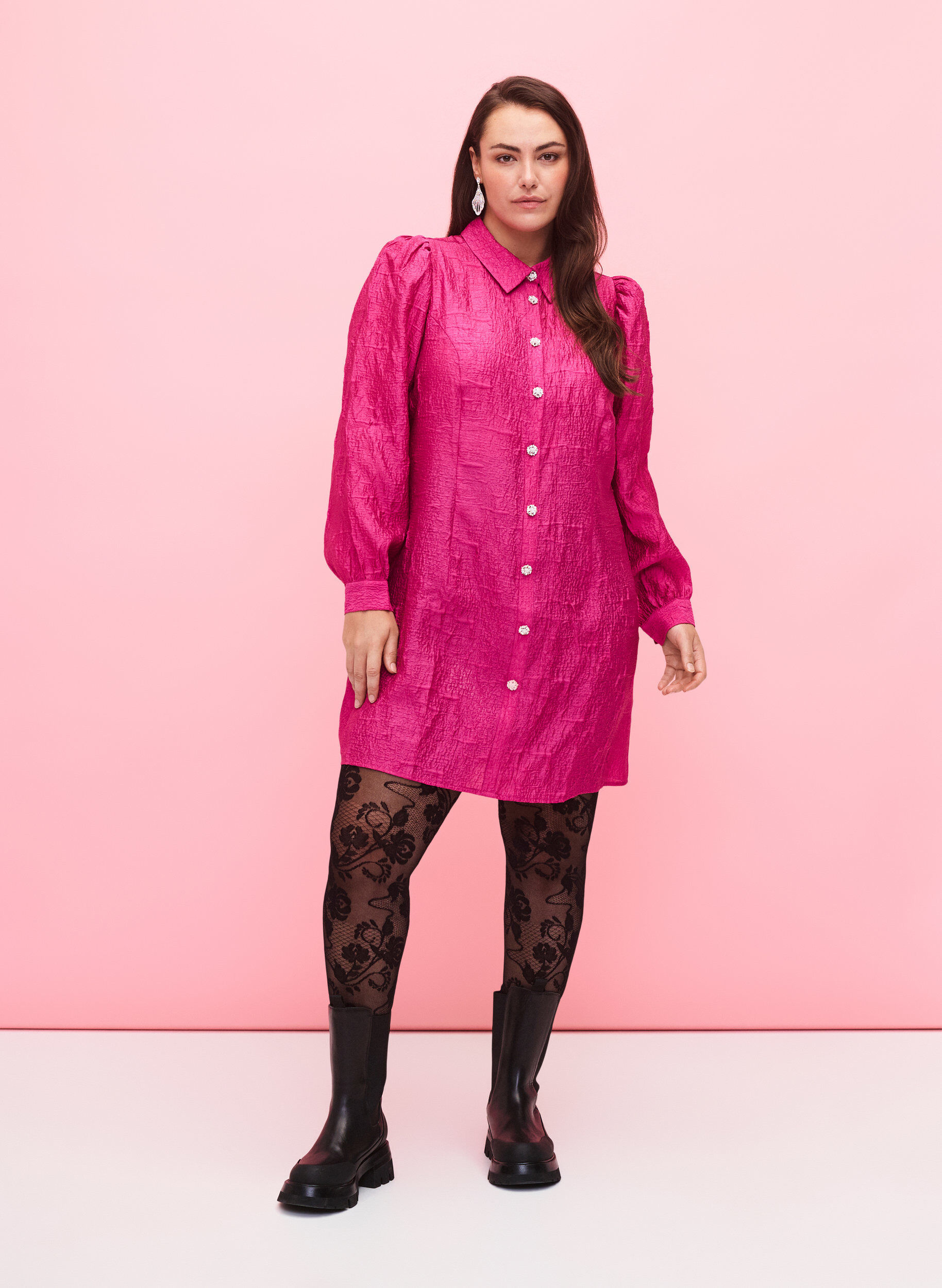 Zizzifashion Shirt dress with texture and pearl buttons, Cactus Flower, Model image number 3