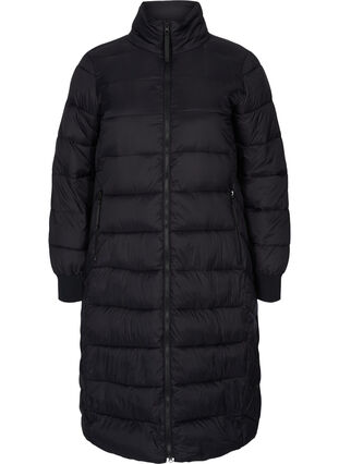Long, quilted winter jacket with pockets, Black, Packshot image number 0