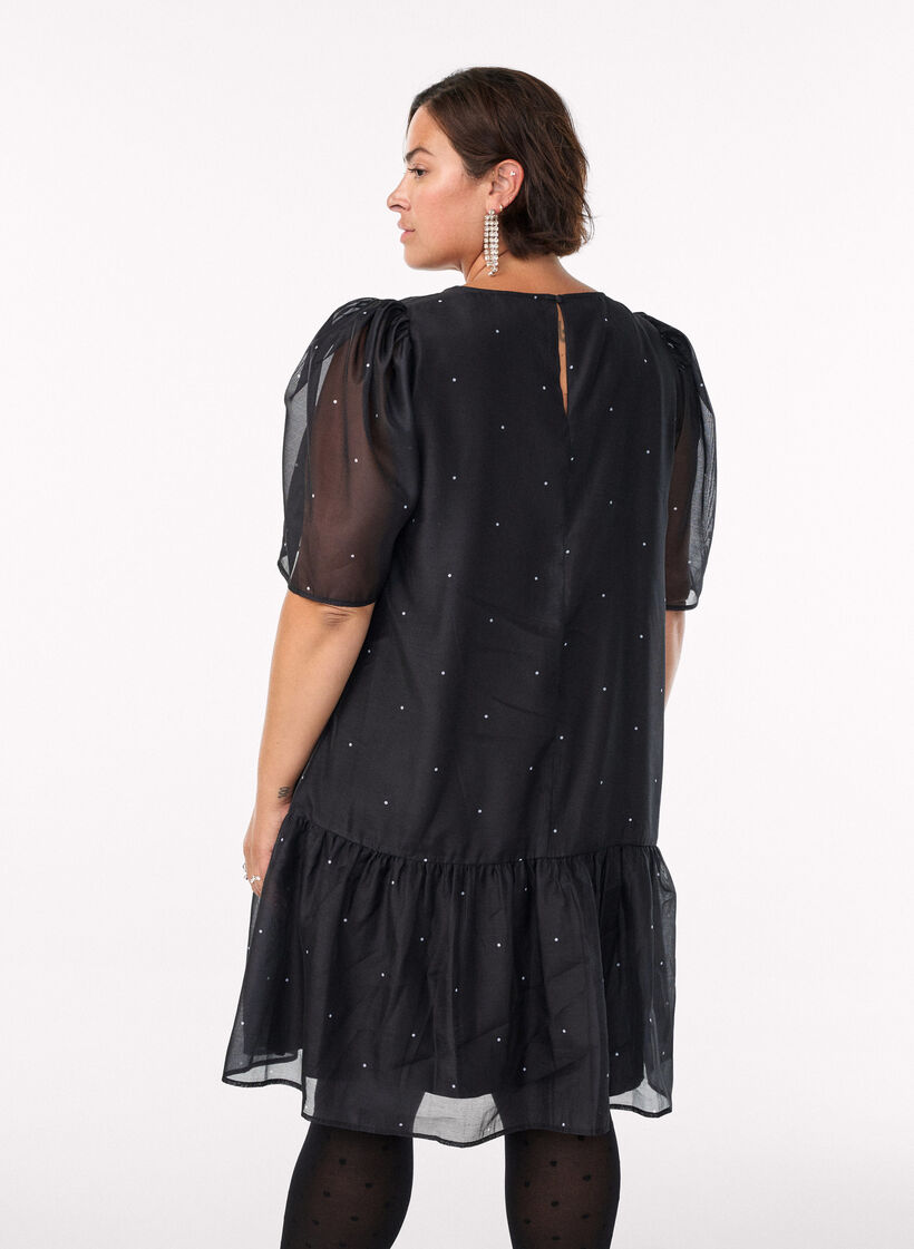Knee-length party dress with sheer sleeves, Black, Model image number 2