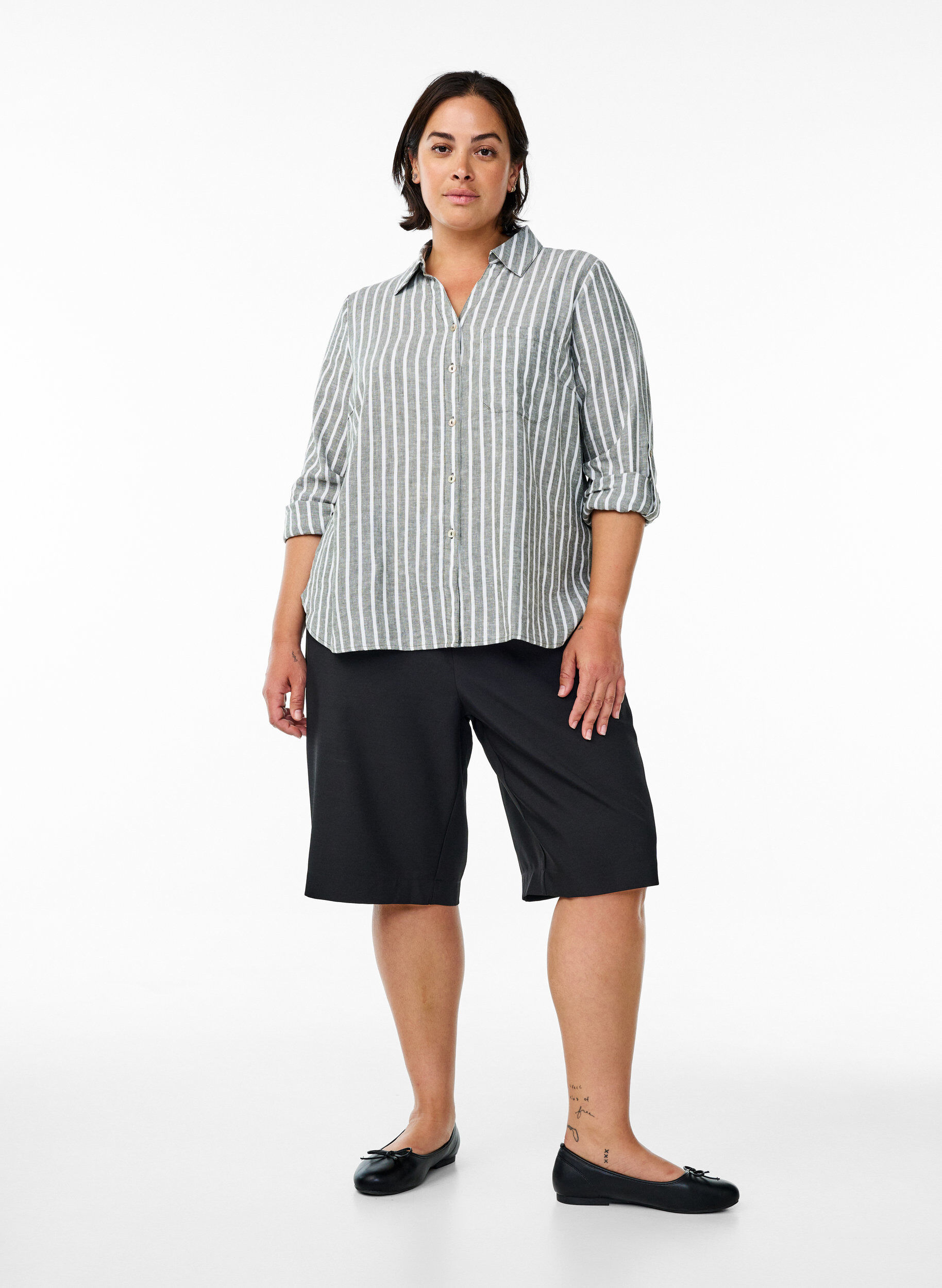 Zizzifashion Shirt in linen and viscose with 3/4 sleeves, Green, Model image number 1