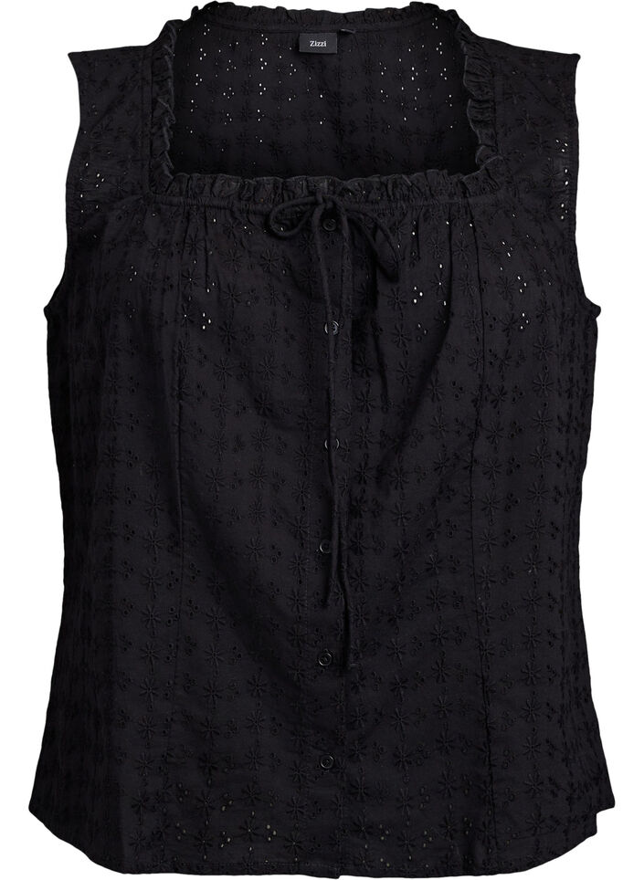 Sleeveless blouse with broderie anglaise and ruffles, Black, Packshot image number 0