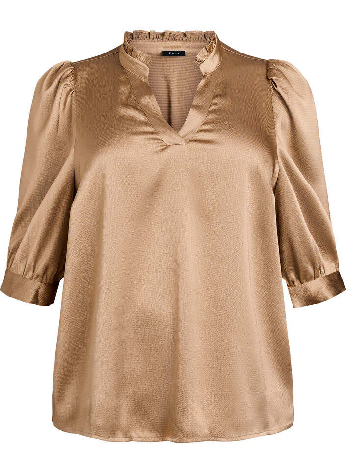 Satin-look blouse with 1/2 sleeves and a ruffle collar, Brown, Packshot image number 0