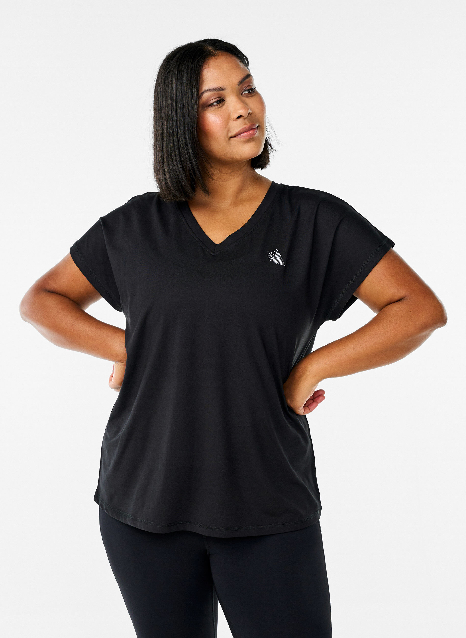 Loose training t-shirt with v-neck, Black, Model
