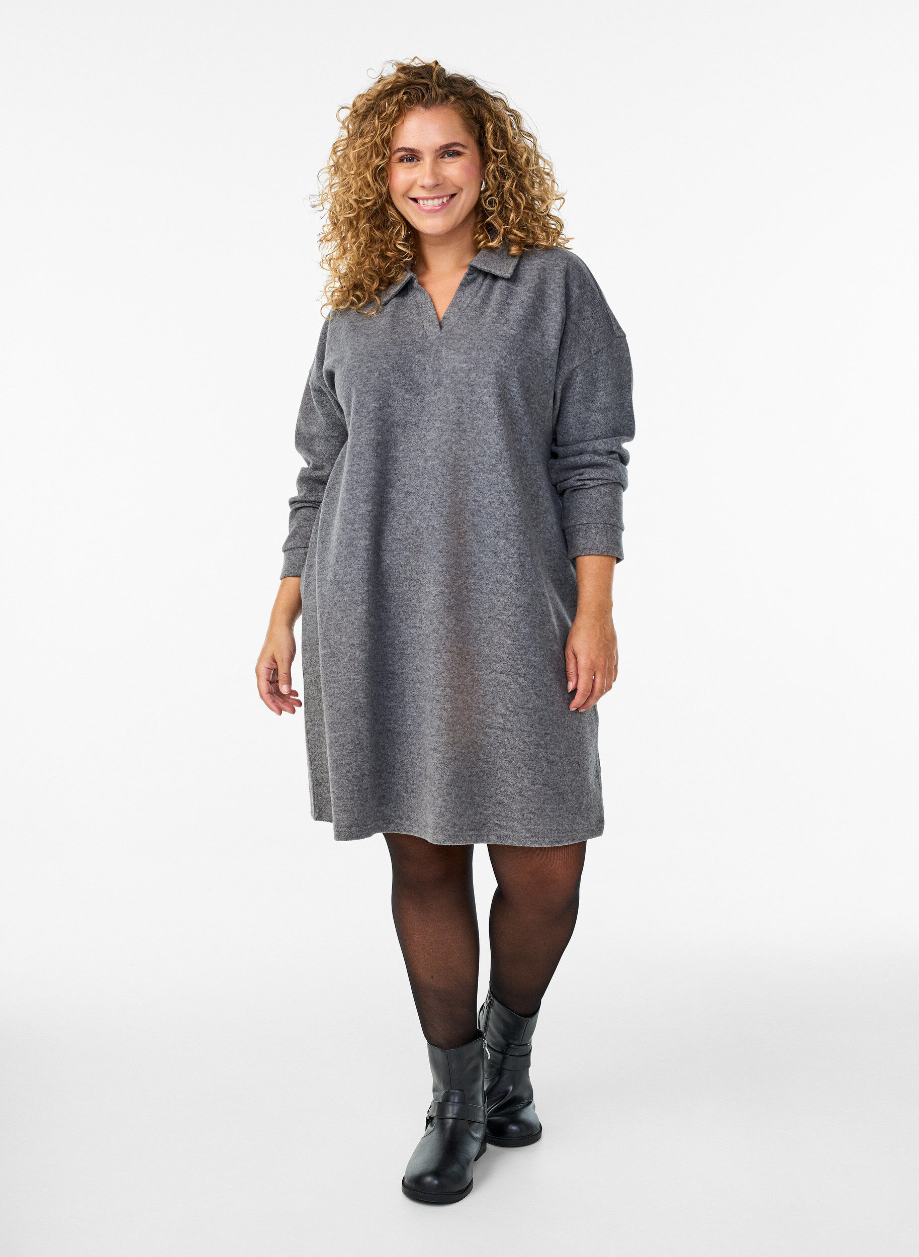 Knee-length jersey dress with a V-neck and collar, Dark Grey, Model