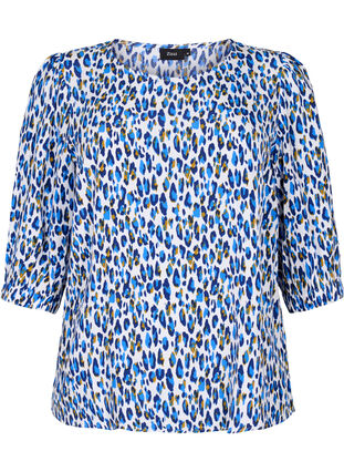Printed blouse with 3/4 sleeves, Blue Leo AOP, Packshot image number 0