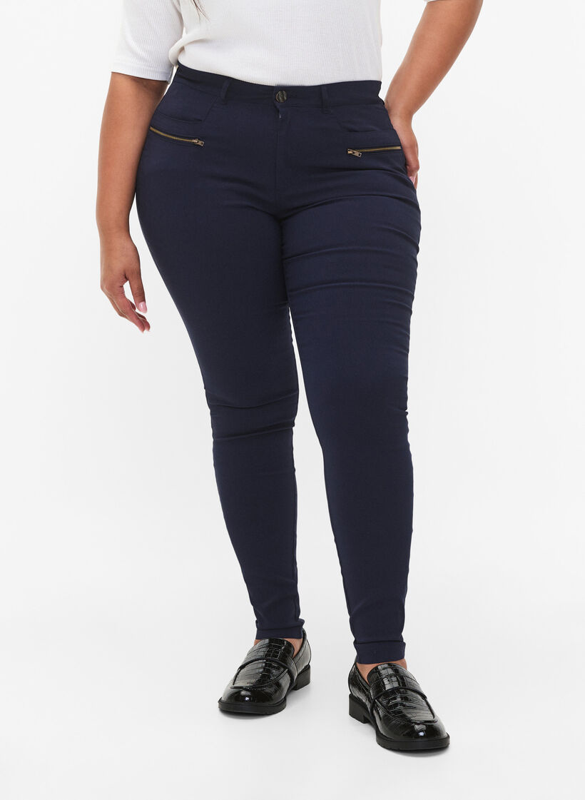 Close-fitting trousers with zipper details, Blue, Model image number 2