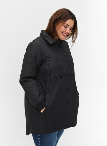Quilted jacket with chest pockets and a collar, Black, Model image number 0