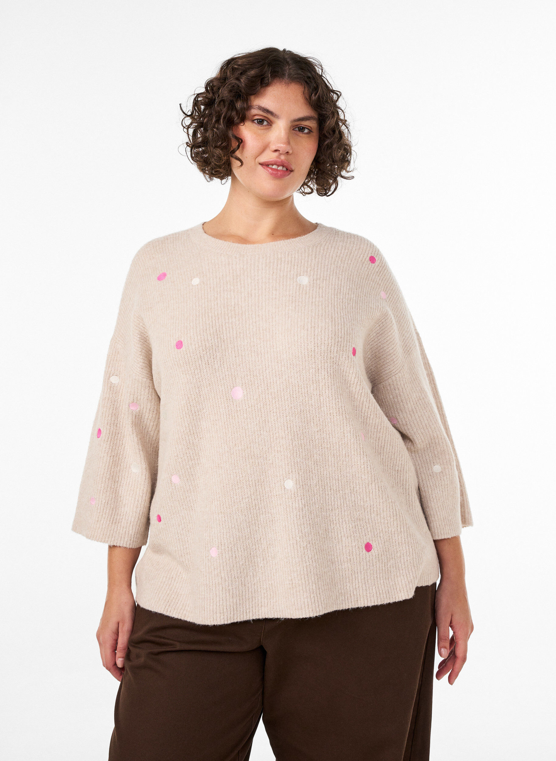 ZizzifashionKnitted blouse with small embroidered motifs, Beige, Model image number 0