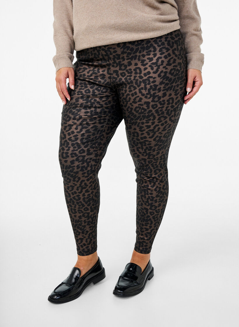 Coated leggings with leopard print and cropped length, Brown, Model image number 0