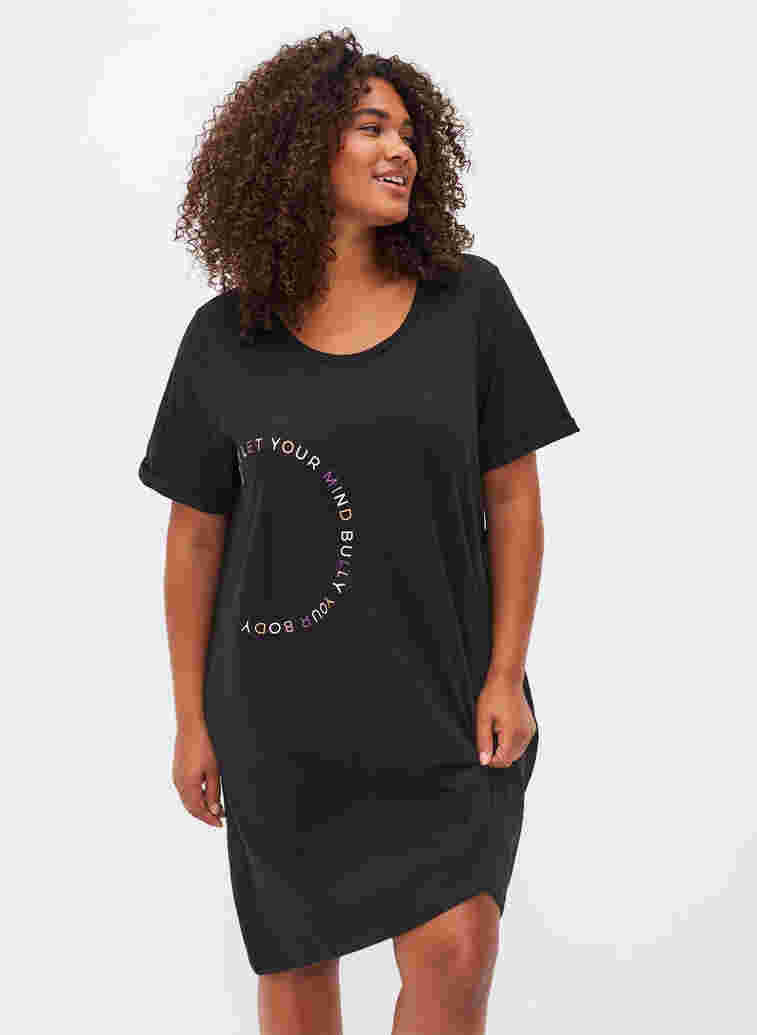 Short sleeved cotton nightdress with print, Black W. Don't, Model image number 0