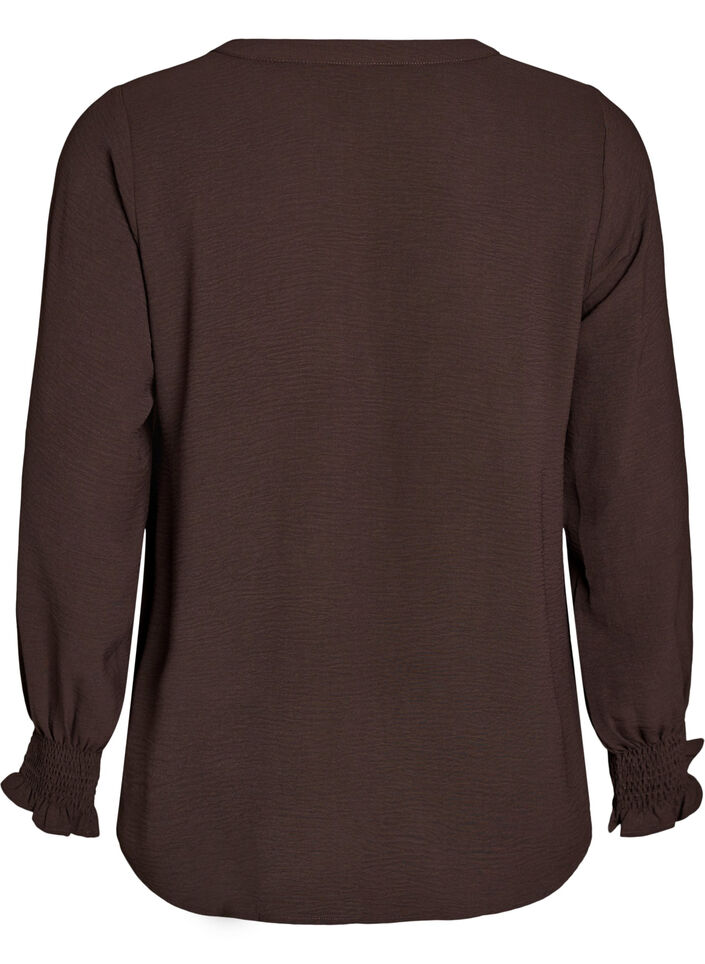 Blouse with smock cuffs and V-neck, Brown, Packshot image number 1