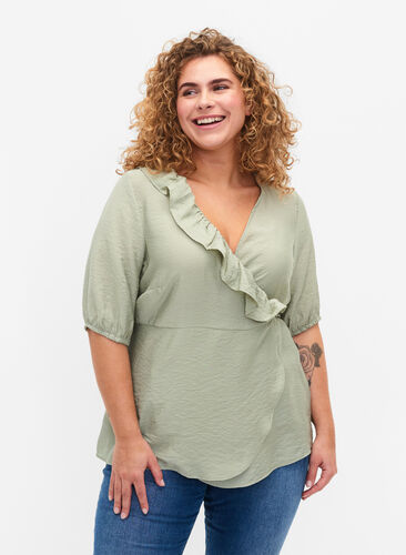 Wrap blouse in viscose with 1/2 sleeves, Seagrass , Model image number 0